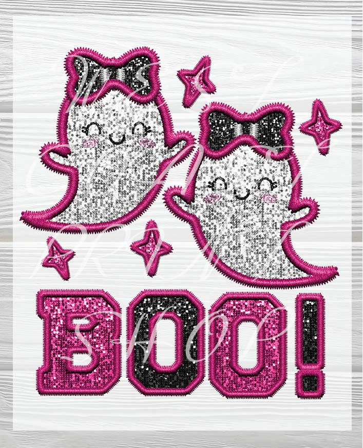 Ready to press Halloween Designs | Little Boo Ghost Faux Sequin and Embroidered Effect