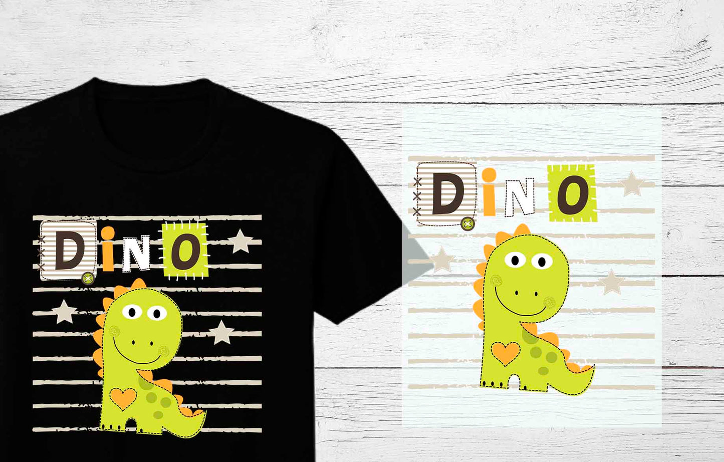 Ready to Press Cute Dino DTF transfer for babies and kids’ t-shirts!