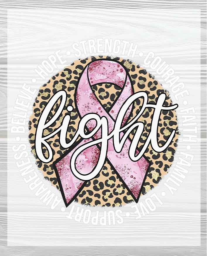 Cheetah Print & Pink Ribbon DTF Transfer - Fight, Believe, Hope | Breast Cancer Awareness Heat Press Design