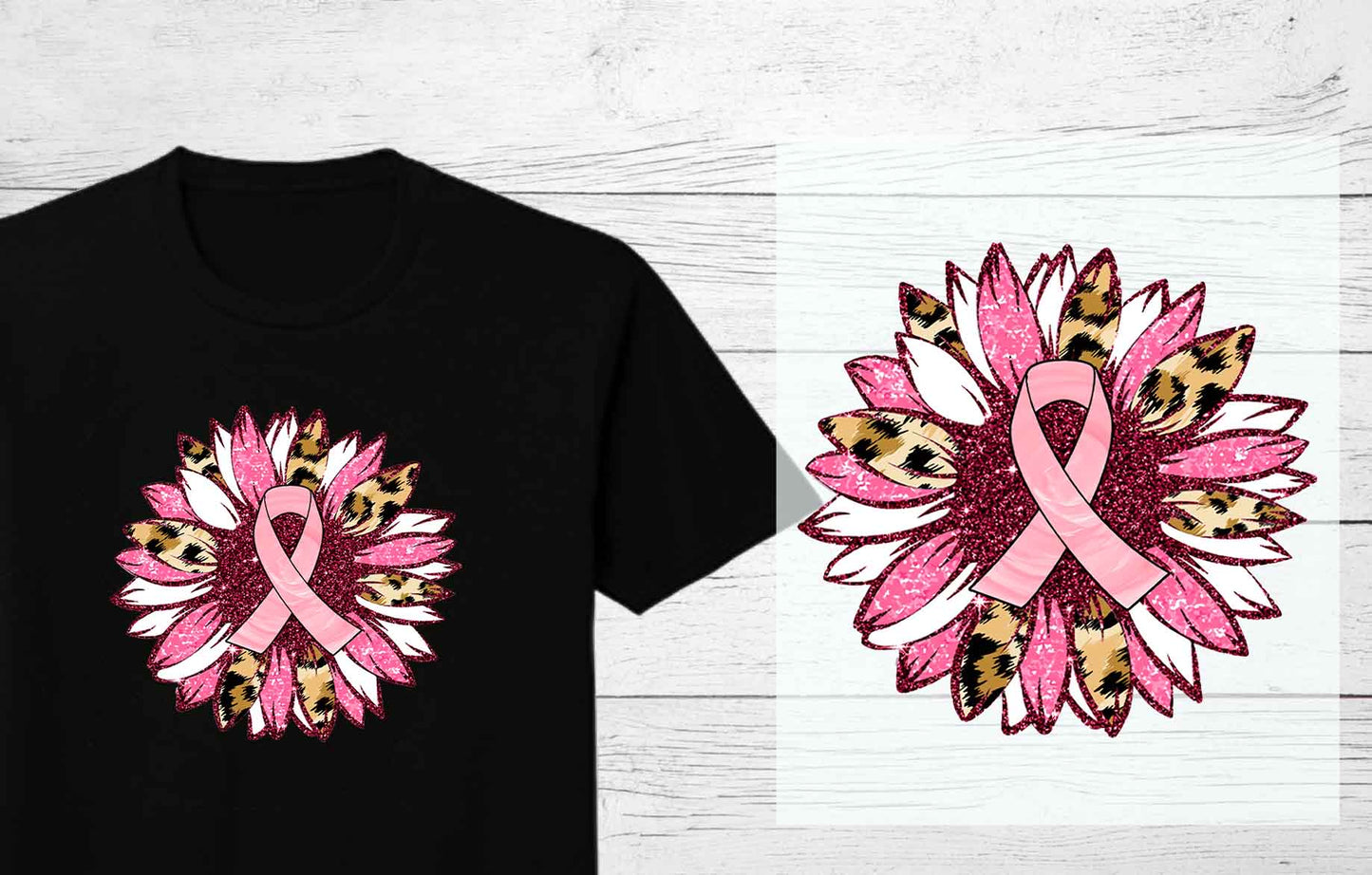 Pink Sunflower with Pink Ribbon DTF Transfer | Breast Cancer Awareness Heat Press Design