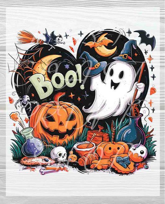 Cute Boo Kid's Pumpkins & Ghost Halloween DTF Transfer | Cute Kid's Halloween Heat Press Transfer
