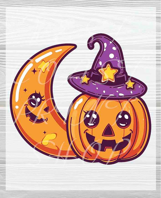 Cute Kid's Pumpkins & Moon Halloween Ready to Press Transfer | Cute Kid's Halloween Ready to press DTF Transfers
