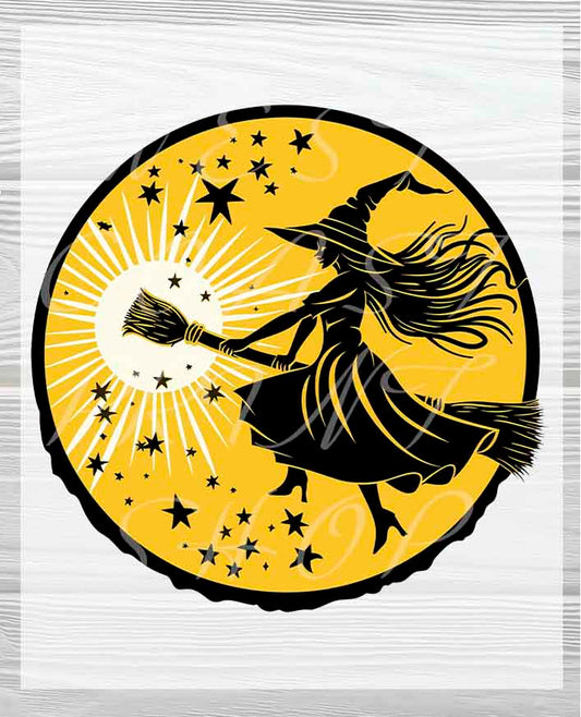 Witch on Broom in Moon | Halloween Heat Press Transfers | Halloween DTF Heat Press Transfers