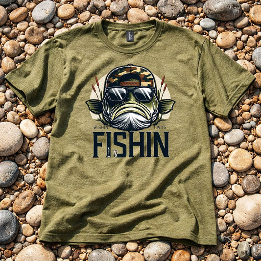 Funny Men's Graphic T-Shirt - Bass Fishing Wishin I Was Fishin.