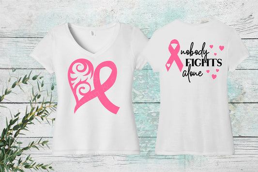 Breast Cancer Awareness, Nobody Fights Alone, Ladies T-Shirt, Ladies short sleeve white Tee