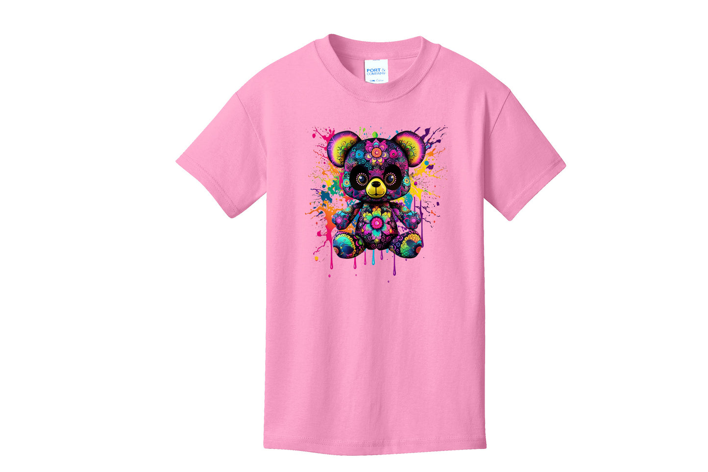 Girl's Tee, Colorful Splatter Bear T-Shirt, Girl's Pink T-Shirt
