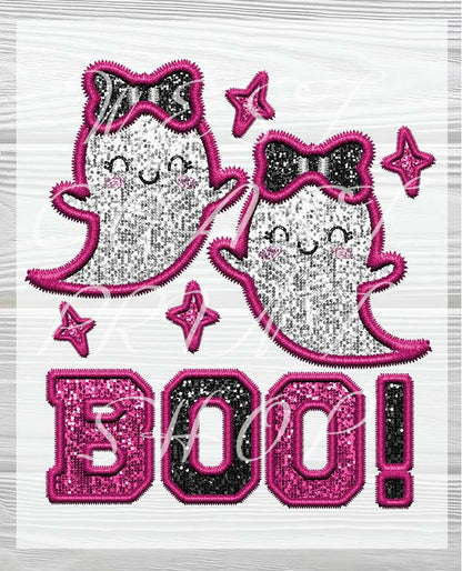 Boo Ghost Faux Sequin and Embroidered Effect | Ready to press Halloween Designs