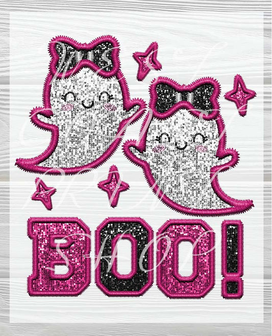 Ready to press Halloween Designs  | Little Boo Ghost Faux Sequin and Embroidered Effect