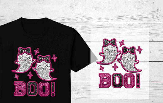 Ready to press Halloween Designs  | Little Boo Ghost Faux Sequin and Embroidered Effect
