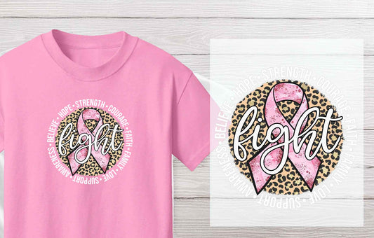 Cheetah Print & Pink Ribbon DTF Transfer - Fight, Believe, Hope | Breast Cancer Awareness Heat Press Design