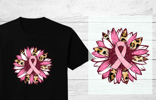 Pink Sunflower with Pink Ribbon DTF Transfer | Breast Cancer Awareness Heat Press Design