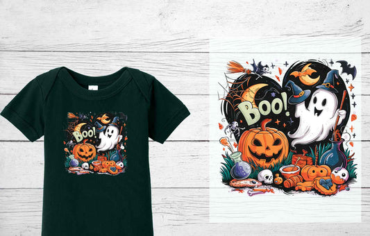 Cute Boo Kid's Pumpkins & Ghost Halloween DTF Transfer | Cute Kid's Halloween Heat Press Transfer