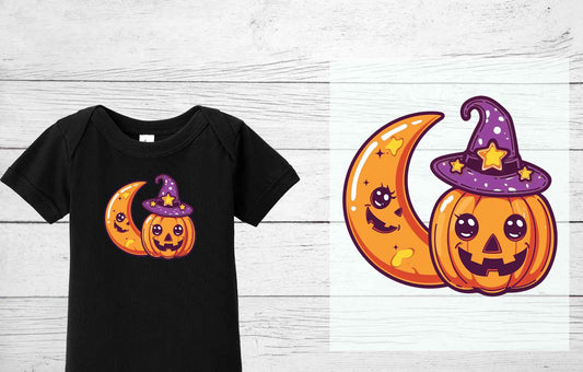 Cute Kid's Pumpkins & Moon Halloween Ready to Press Transfer | Cute Kid's Halloween Ready to press DTF Transfers
