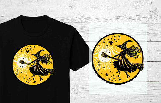 Witch on Broom in Moon | Halloween Heat Press Transfers | Halloween DTF Heat Press Transfers