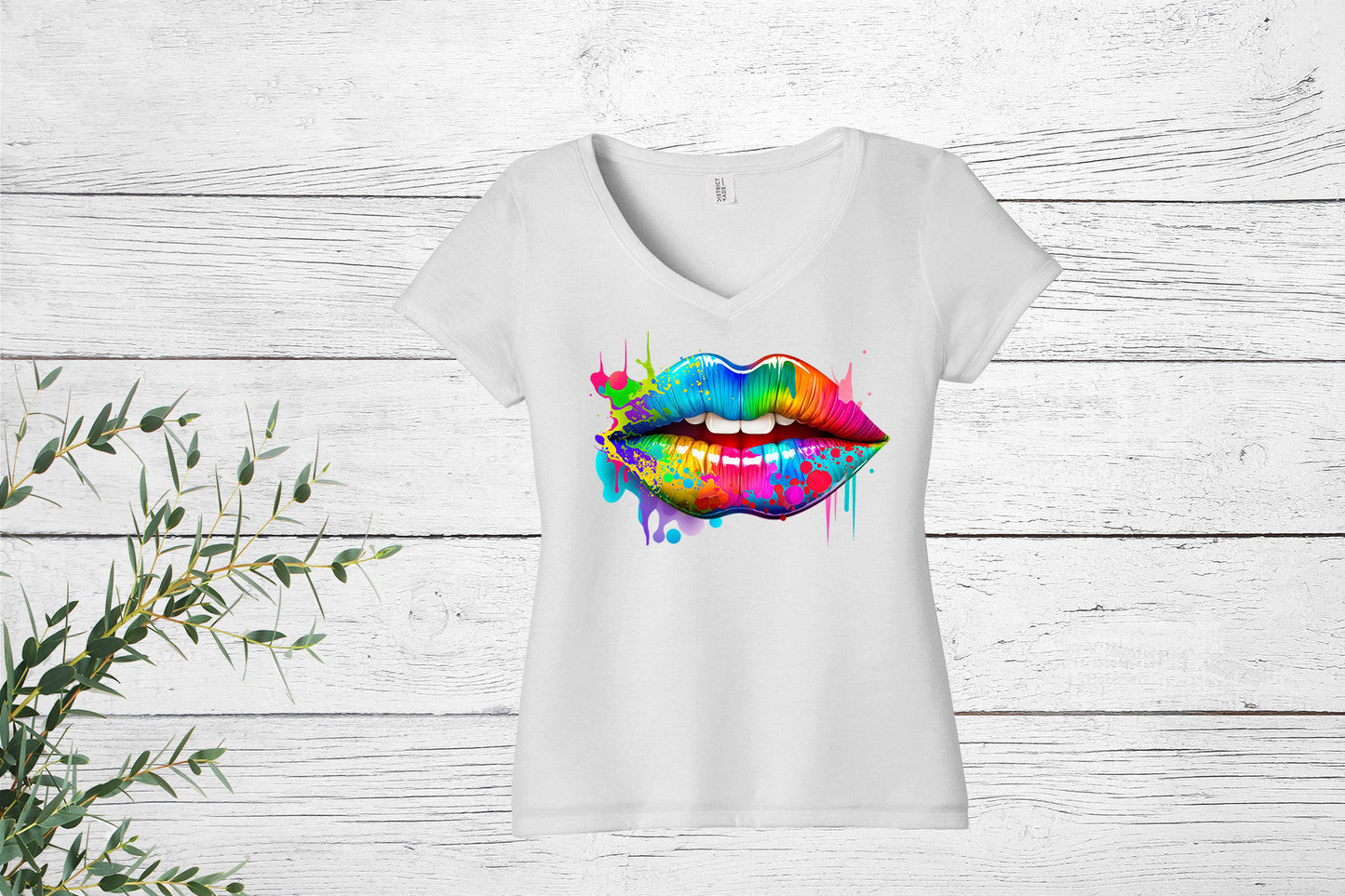 Colorful Lips Design, Ladies T-Shirt, Ladies short sleeve white Tee