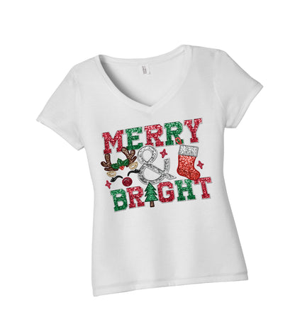 Christmas Ladies T-Shirt Merry and Bright Faux Embroidery Sequins Glitter