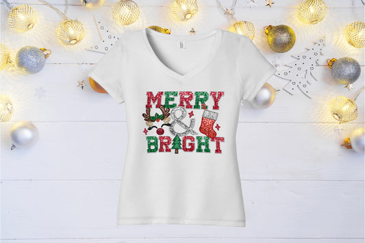 Christmas Ladies T-Shirt Merry and Bright Faux Embroidery Sequins Glitter